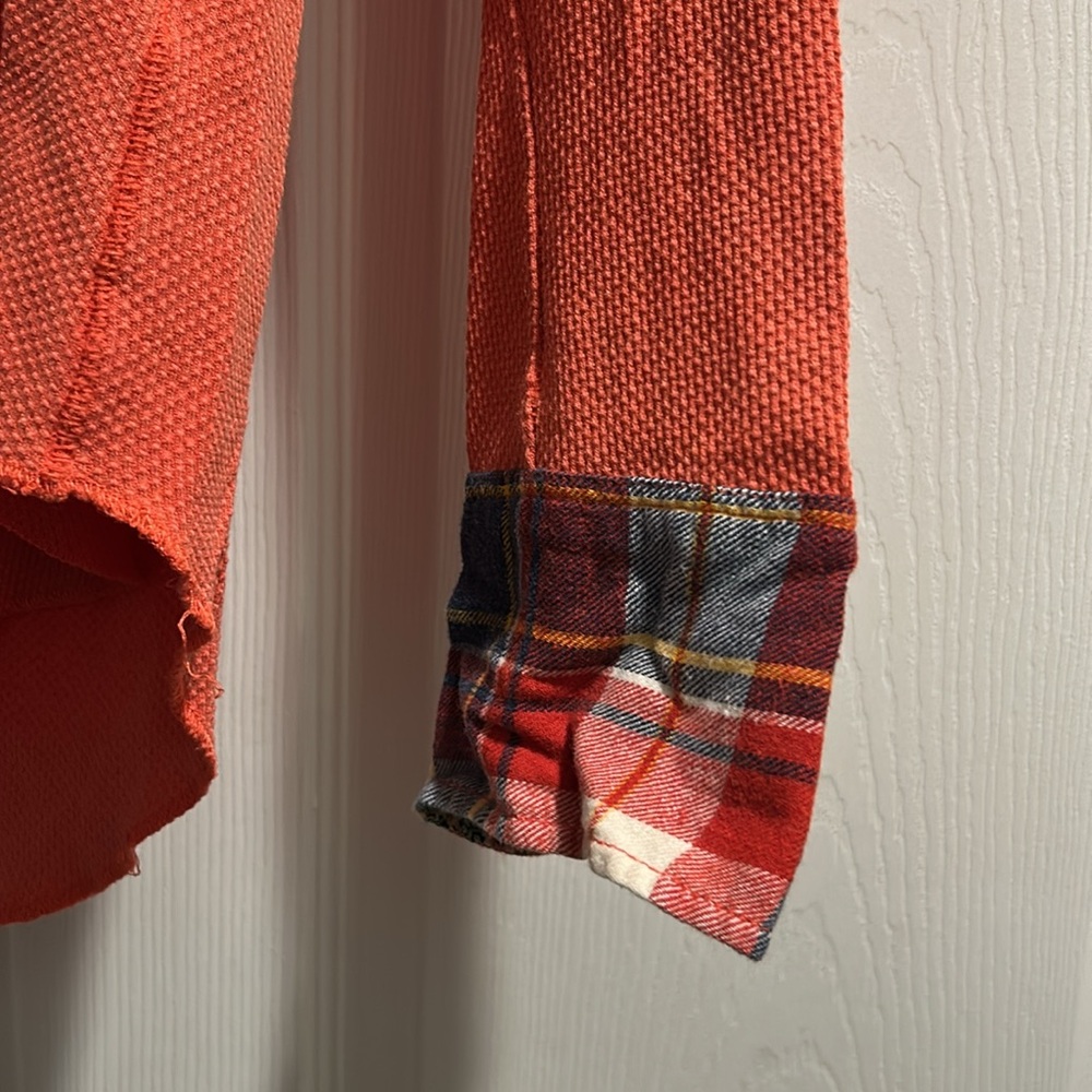 Free People Women's Orange Long Sleeve light thermal Top with Plaid Cuffs - Picture 2 of 5